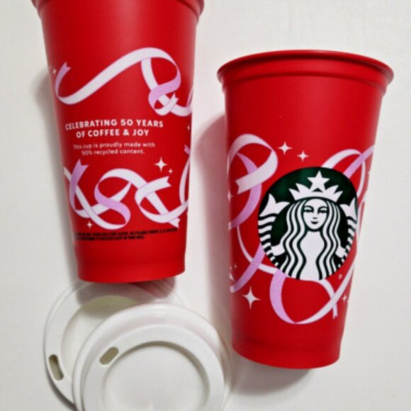 Collectible Holiday Starbucks 50th Anniv Red Reusable Hot Cup w/Lid 16oz Set - Picture 2 of 3